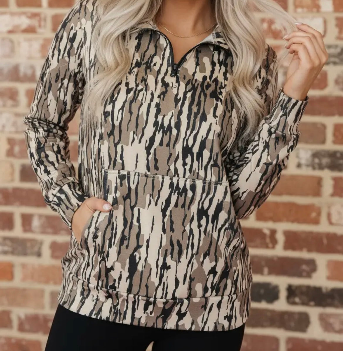 Camo Zipped Collar Pocket Sweatshirt