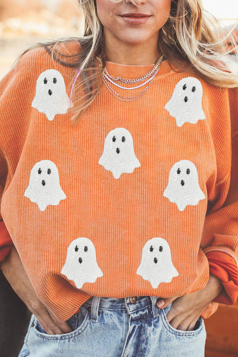 Ribbed Texture Halloween Ghost Sequin Patched Sweatshirt