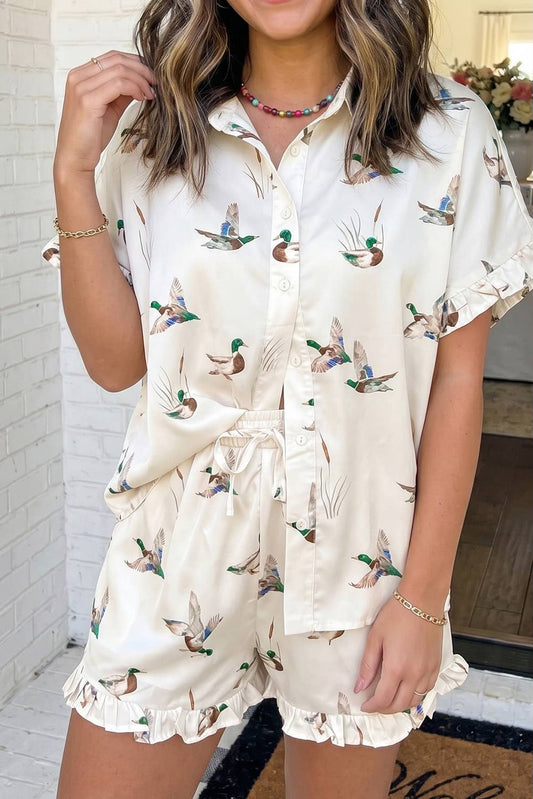 Mallard Ruffle Trim Drawstring Short Lounge Set