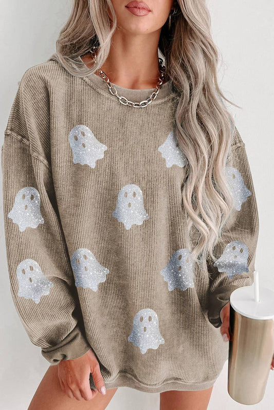 Halloween Ghost Corded Crew Neck Loose Sweatshirt