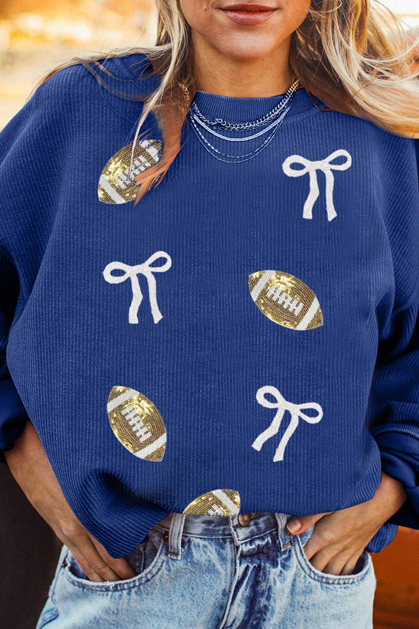 Rib Sequin Football Bow Graphic Dropped Shoulder Sweatshirt